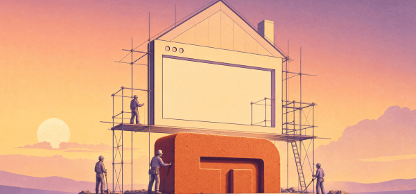 Brand first or website first — a brand-mark cornerstone laid before a house framed as a browser window