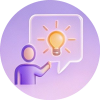 Illustration of a person presenting an idea with a glowing lightbulb in a speech bubble.